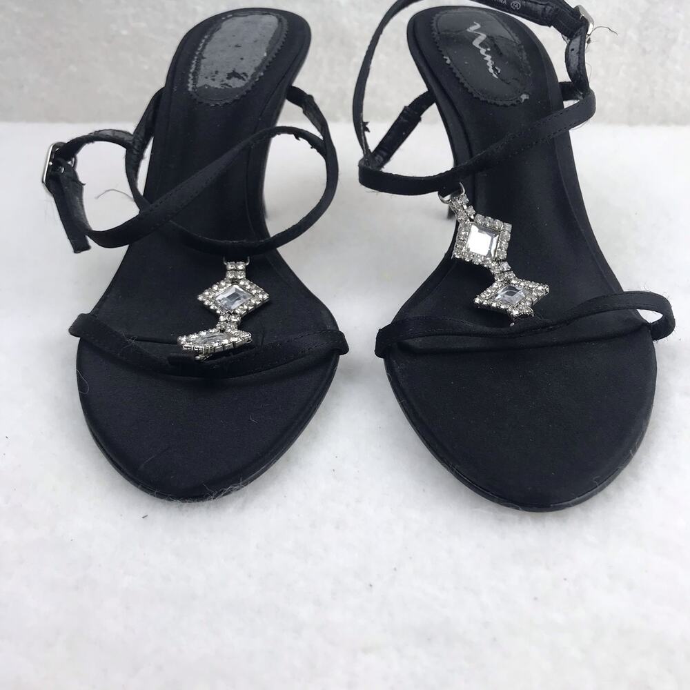 Nina New York Black Rhinestone Strappy Mid Height Heel Sandal Size 6.5M